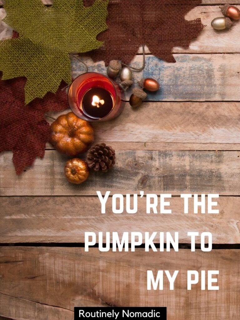 Small pumpkins and a candle decorations on a table and a cute Thanksgiving captions for couples that says you're the pumpkin to my pie