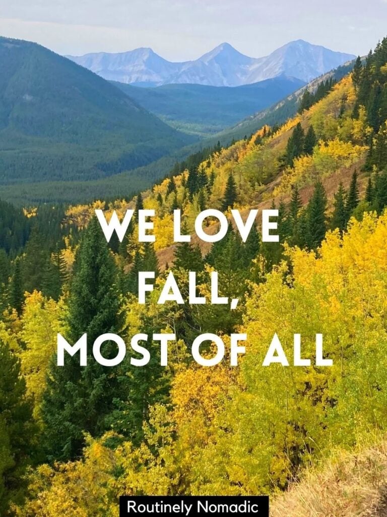 Yellow trees with mountains behind and a fall captions with friends that reads we love fall, most of all