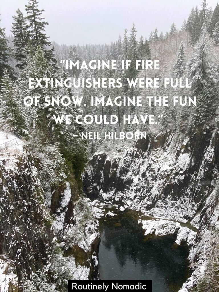 Snowy cliffs and trees lining river with funny winter quotes by Neil Hilborn