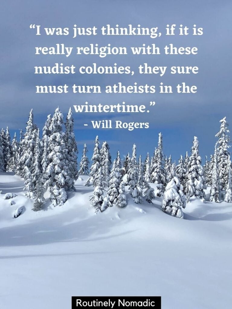 Snowy field and trees with funny winter quotes by Will Rogers