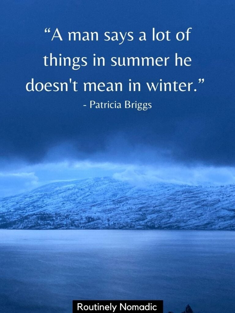 Snowy hills and dark sky with funny winter quotes for Instagram by Patricia Briggs