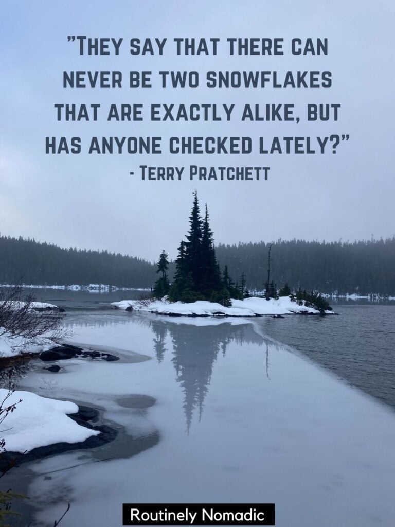 Frozen lake with a funny snowflake quotes and sayings by Terry Pratchett