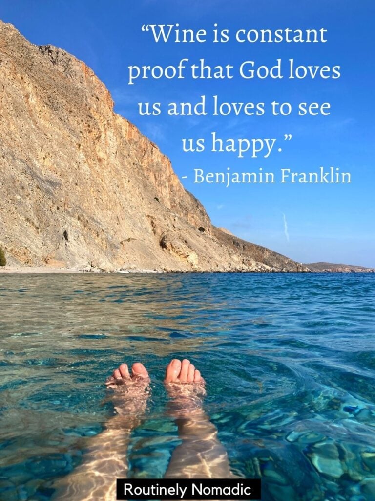 Someone floating in the ocean with funny and short happy quotes by Benjamin Franklin