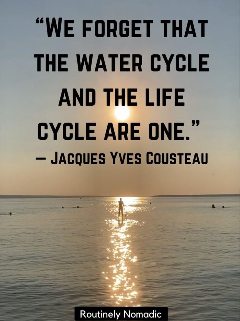 Sun on lake with quotes for water conservation by Cousteau
