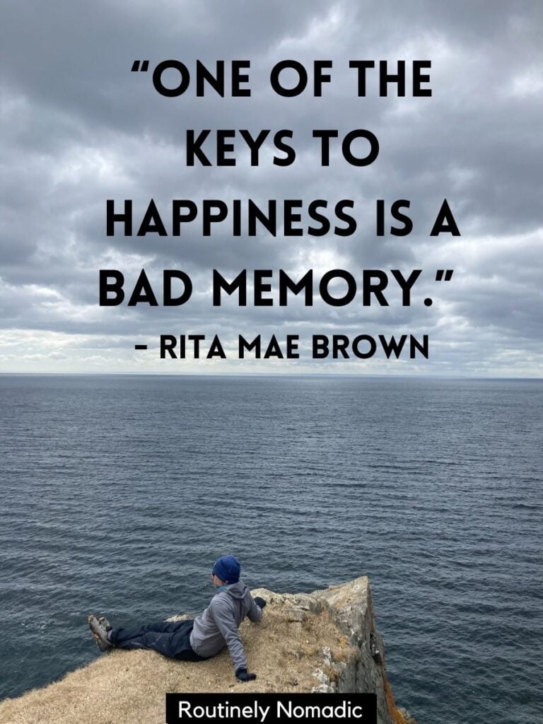 Person on cliff looking out to sea with funny inspirational quotes about happiness by Brown