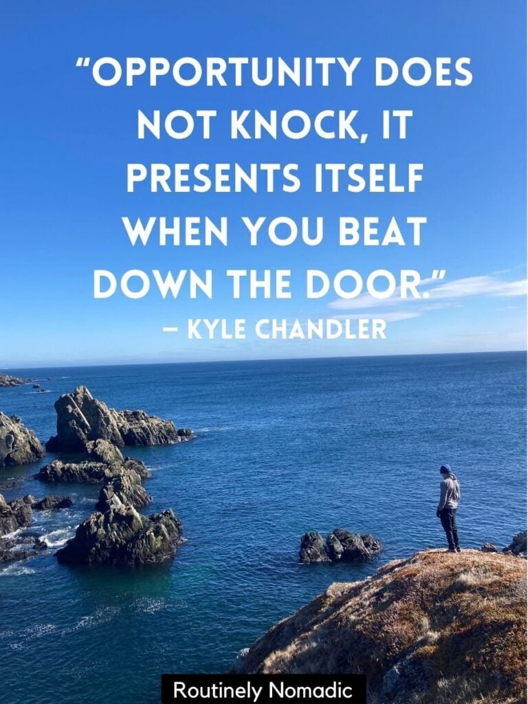 Person on cliff looking out to sea with inspiring funny quotes by Kyle Chandler