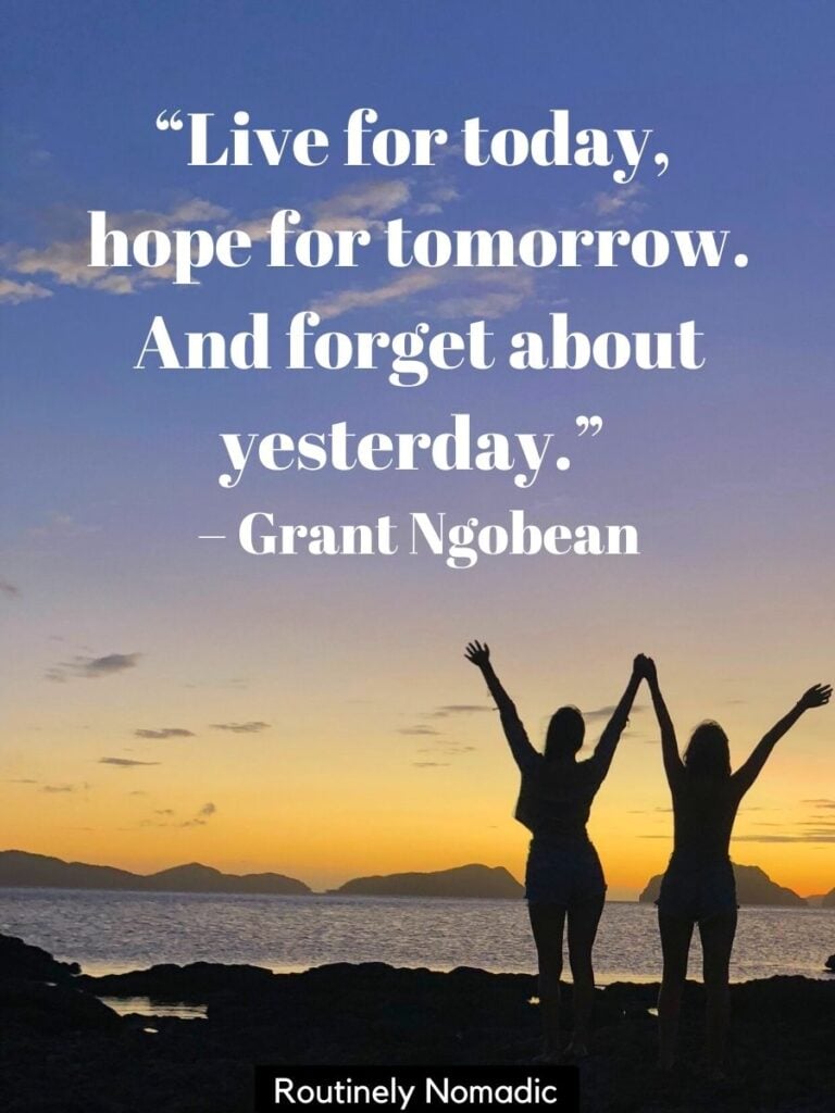 Two people in front of water at sunset with short quotes about living your best life by Ngobean