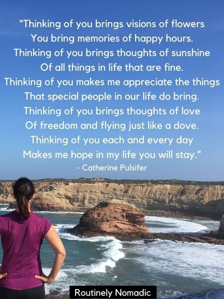 Person looking at ocean with thinking of you poems by Catherine Pulsifer