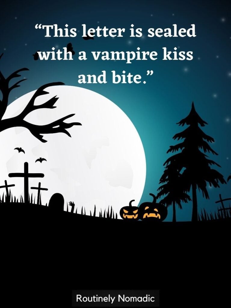 Cartoon with moon and jack o lanterns with cute sayings about Halloween