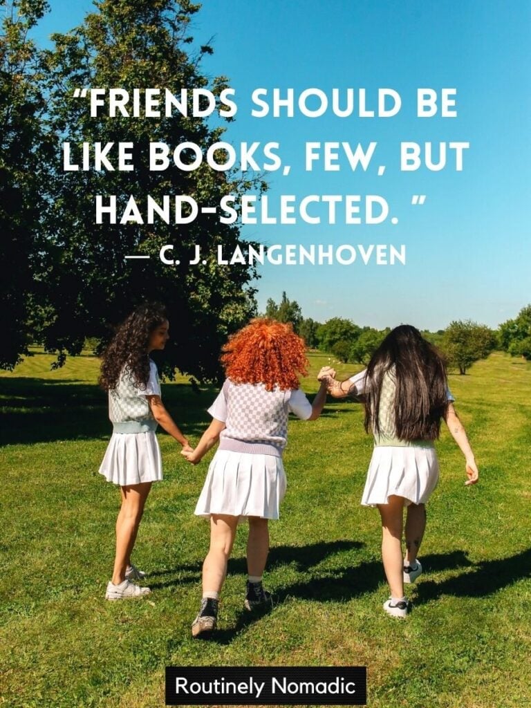 Three friends holding hands with short quotes on friendship by Langenhaoven