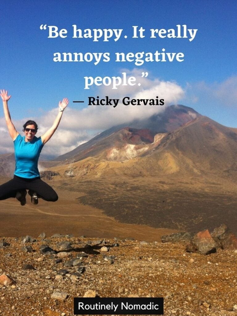 Person jumping with funny happy Sunday quotes by Gervais