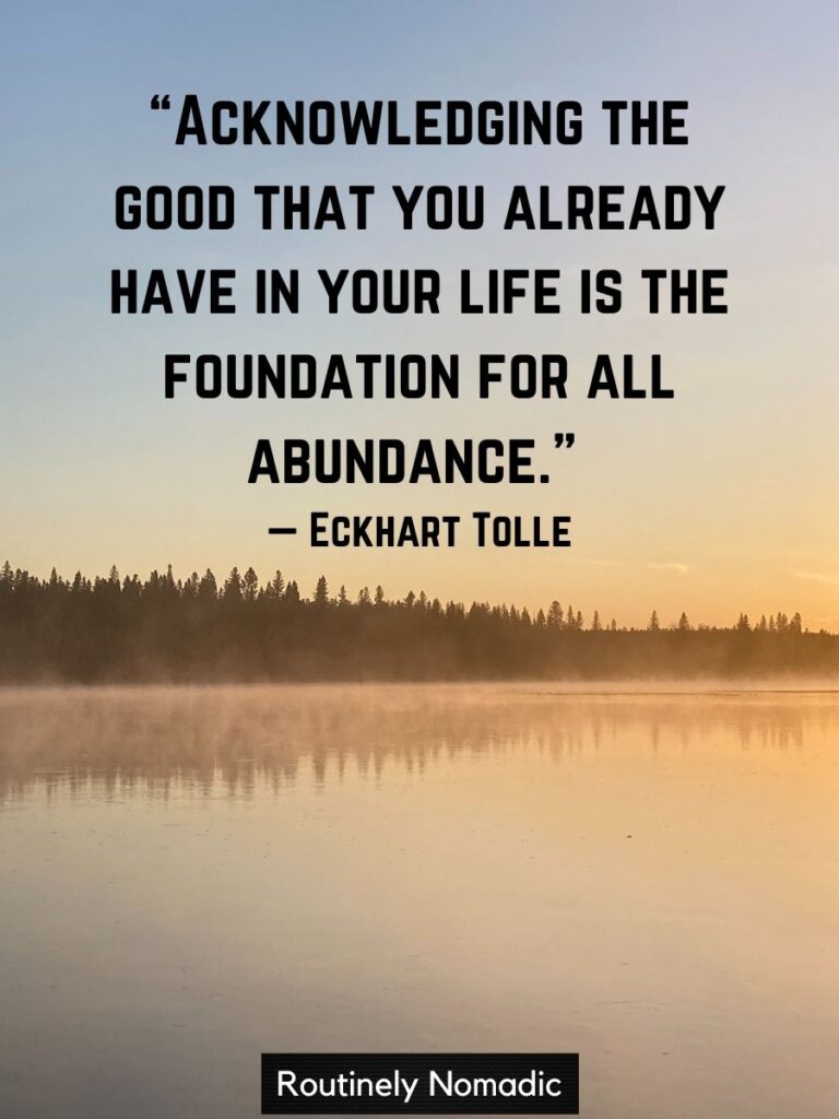 Sunrise over river with grateful inspirational quotes by Tolle