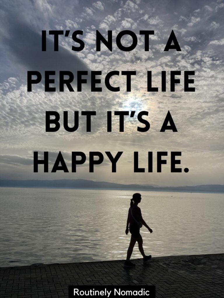 Person walking on beach with captions about happy life