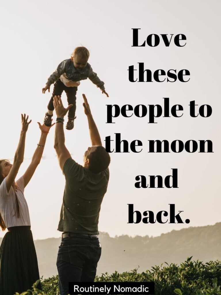 Parents and child with funny family picture captions