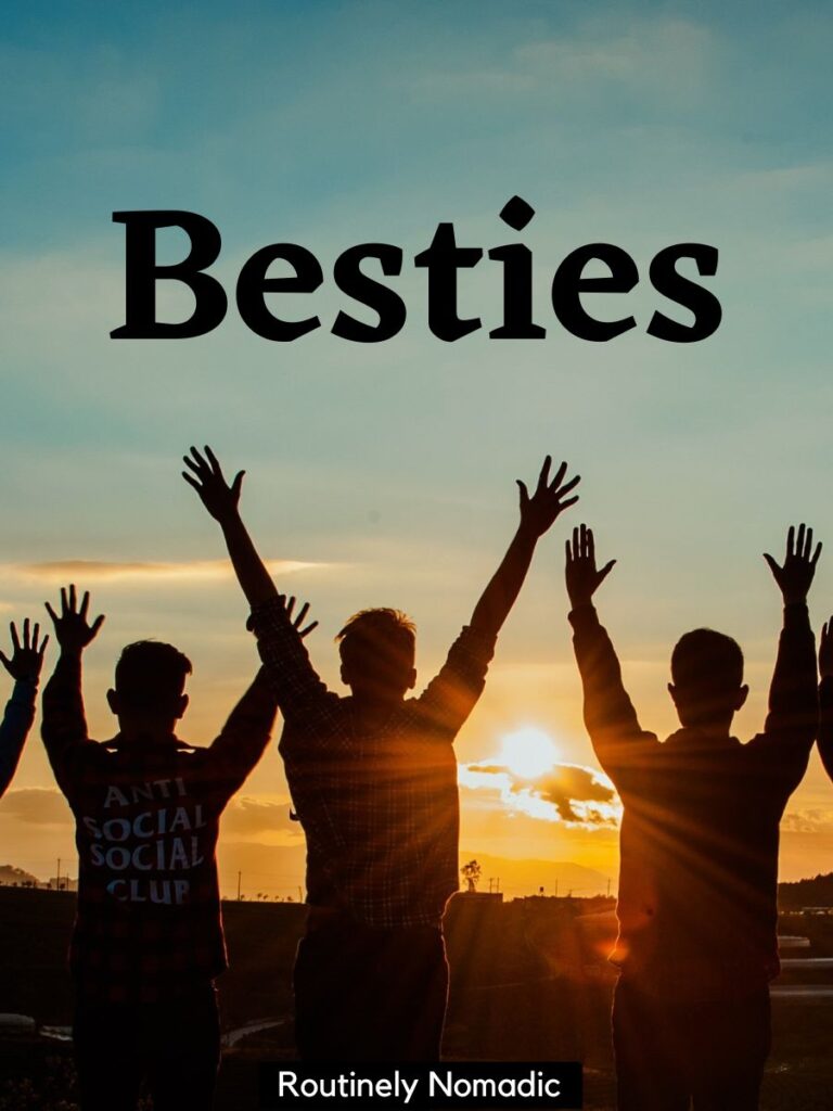 People at sunset with one word friend captions