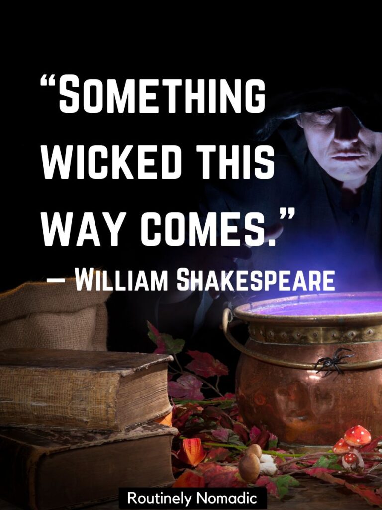 Cauldron with funny witch Instagram quotes by Shakespeare