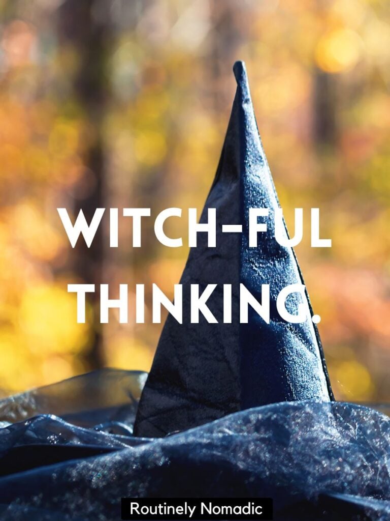 Hat with short puns about witches