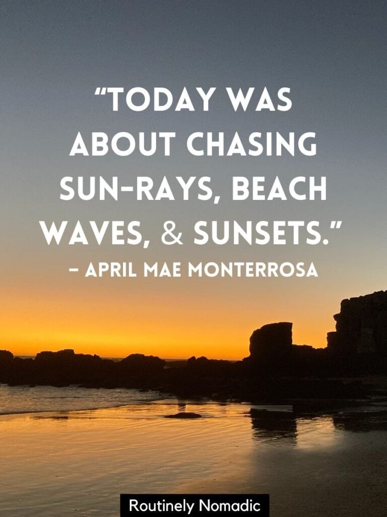 Setting sun and ocean with sunset and the beach quotes for Instagram